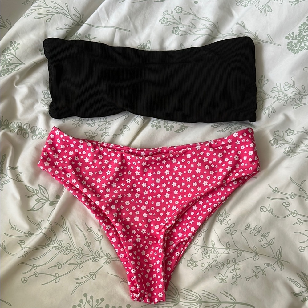 Black Bandeau Top and Pink Floral Bikini Bottom
